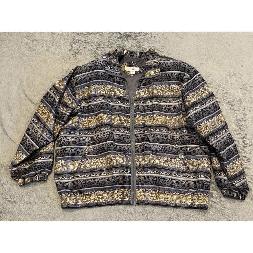 Silk Xposure Full Zip Jacket Womens Large Animal Print Gray Striped 100% Silk